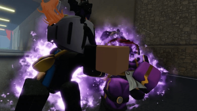 Roblox Jojo Shenanigans a avatar wearing a silver helemt standing next to star platinum stand both encased in purple aura