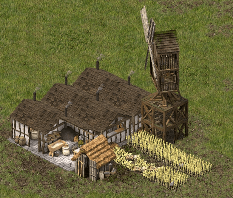 Six bakeries, one mill, and one wheat farm fit comfortably in a 12x17 area. They increase population by 11, produce six times the food, and cost 95 wood.