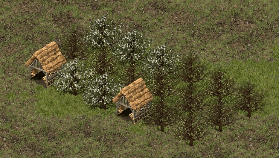 Two apple farms fit within an 11x22 area. They increase population by 2, double food production, and cost 10 wood.