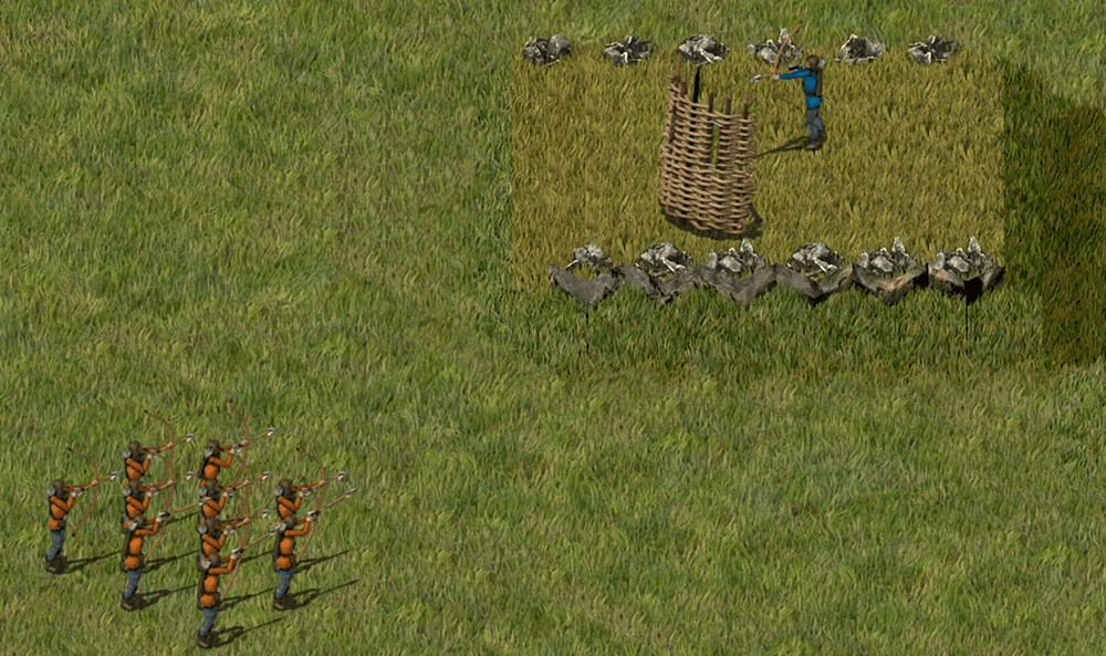 One blue archer beats 10 orange archers by using a shield and high ground. Just a small hill makes the difference.