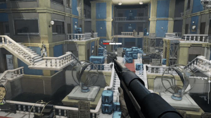 First-person combat inside a multi-level building targeting an Engineer enemy in Every Day We Fight