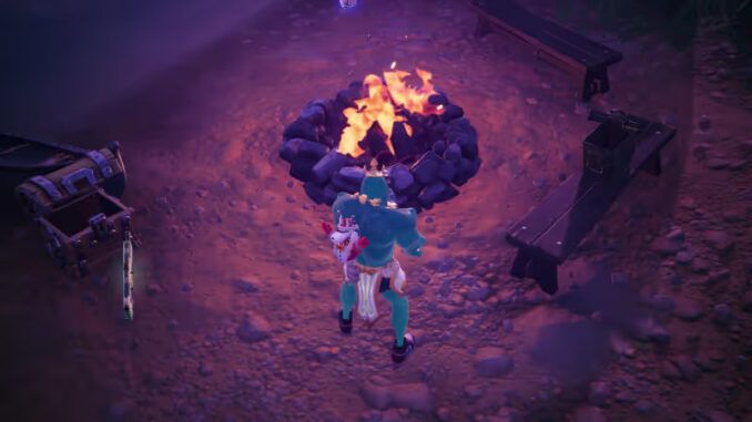 Player beside a campfire in Fornite.