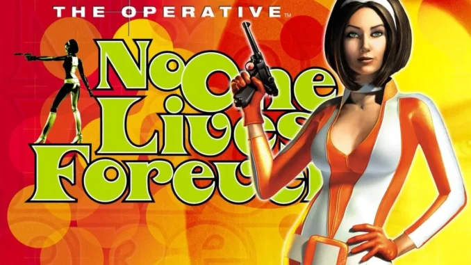 Cate Archer aiming silenced pistol during a stealth mission in No One Lives Forever
